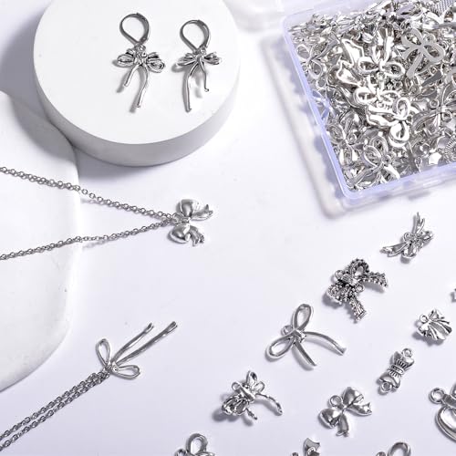 stino 100 Gram Metal Charms for Jewelry Making, Silver & Gold Plated, Bulk Pack for Bracelets, Necklaces, Crafts - color: Bow (Silver Tone 200gram)