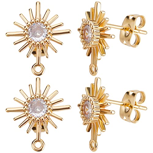 Beebeecraft 10Pcs/Box 18K Gold Plated Sun Earring Findings Cubic Zirconia Earring Posts with Sterling Silver Pins and Butterfly Earring Backs for DIY Jewelry Making - color: Gold