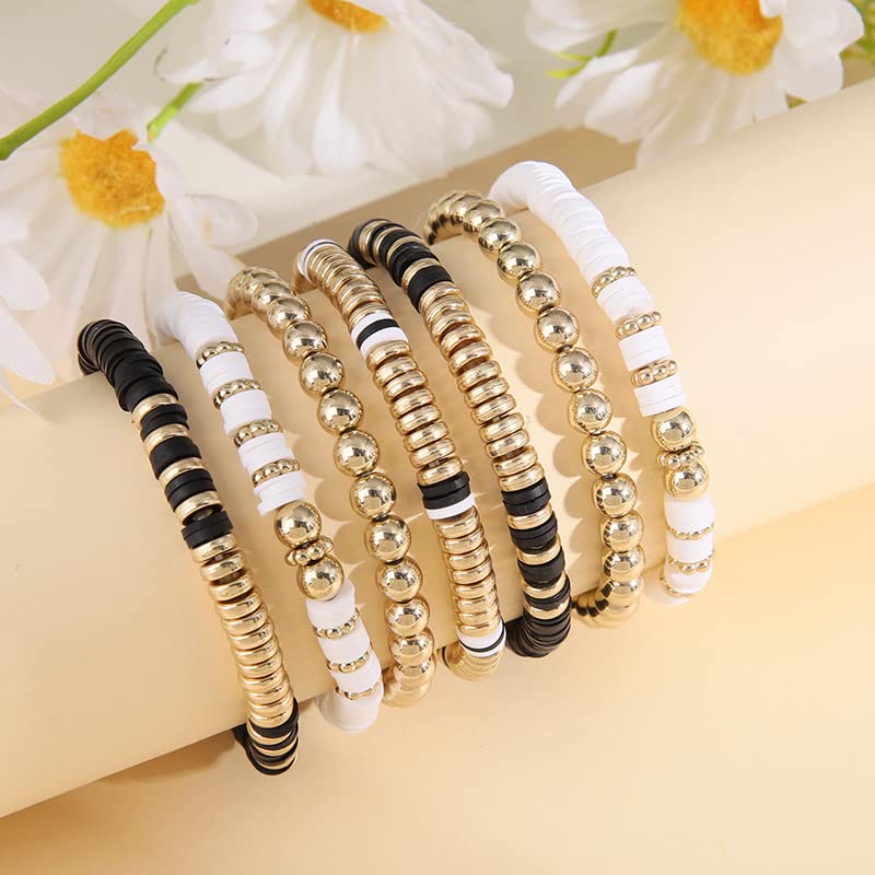 Pingyongchang Heishi Gold Beaded Bracelets Set for Women Men Bohemian Polymer Clay Colorful Surfer Vinyl Disc Stretch Layering Stackable Friendship Boho Bracelet Summer Beach Jewelry Gifts - color: Black