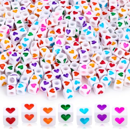 Augshy 1400Pcs Acrylic Colorful Heart Square Cube Beads for Bracelets Necklaces Phone Lanyard Making with 1 Roll Crystal String Cord for Jewelry Making(6mm) - color: Colorful