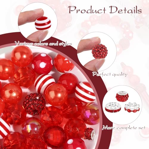 35 Pcs Chunky Bubblegum Beads 20mm Focal Pen Large Rhinestone Pearl Bead with Rhinestone Large Hole European Spacer Bead for DIY Beadable Pen School Jewelry Making Keychain Craft Making(Red) - color: Red
