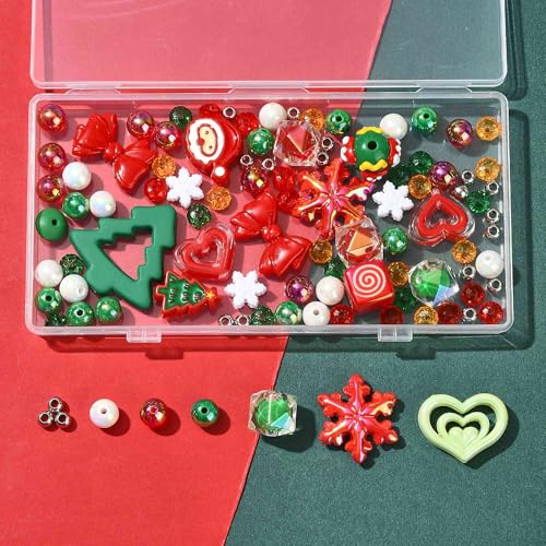 100Pcs Christmas Acrylic Beads for Jewelry Making, 19 Styles Xmas Tree Snowflake Bowknot Heart Santa Claus Loose Spacer Beads for Bracelets Necklaces Earrings Making and Crafting - color: Xmas- 100 pcs