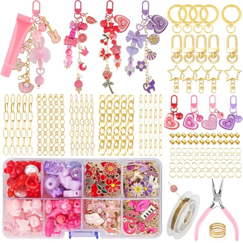 Ecoofor 458 Pcs Keychain Making Kit — Includes 19 Keychain Clips, 25 Extender Chains, 80 Charms, Beading Accessories, Jewelry Pliers — DIY Bag Charms & Jewelry Craft Kit Supplies - color: Four-Color Vibrance Set