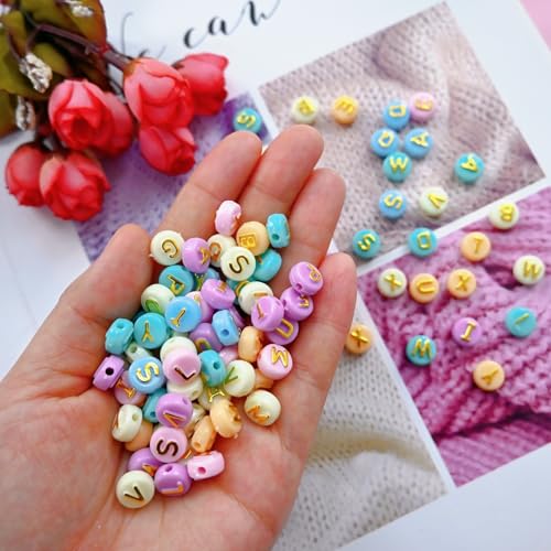 Amaney 500pcs Big Letter Beads Colorful Macaroon10x6mm Gold Letter Round Flat Beads for DIY Bracelet Making - color: BigMacaroon
