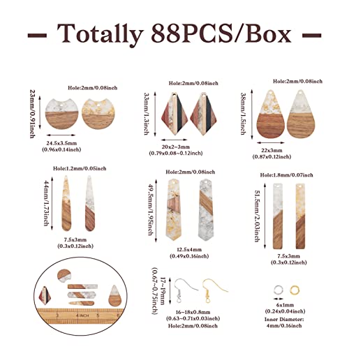 Beadthoven 88pcs Glittery Resin Wood Pendants Earrings Making Kit Gold Foil Wooden Earring Blanks Teardrop Rectangle Geometry Wood Earring Charms for Jewelry Making with Earring Hooks Jump Rings - color: 0Gold Silver Foil