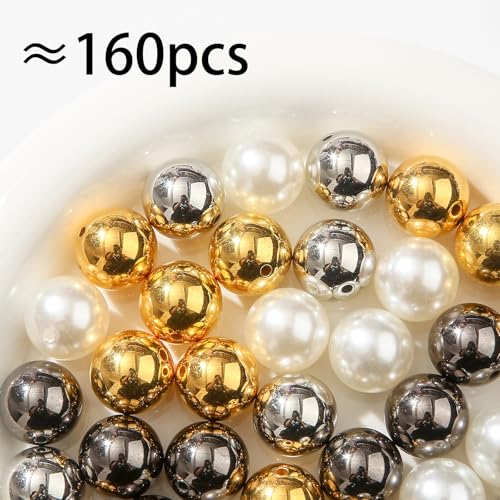 160pcs Chunk Bubblegum Beads 20mm Pearl Beadable Bead Pen Ball Beads for Pen Bag Jewelry Making Necklace Bracelets (White&Golden&Silver) - color: white&golden&silver