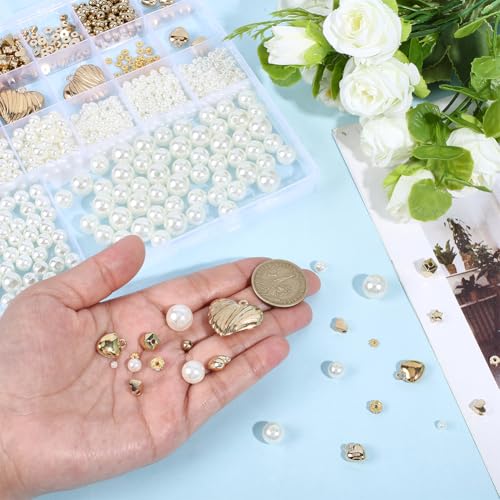 1 Box 1306PCS Imitation Pearl Beads Kit with Round CCB Plastic Heart Star Flower Brass Rhinstone Pendants Loose Spacer Bead Set for Jewelry Making Necklaces Adult DIY Crafts Supplies - color: Gold