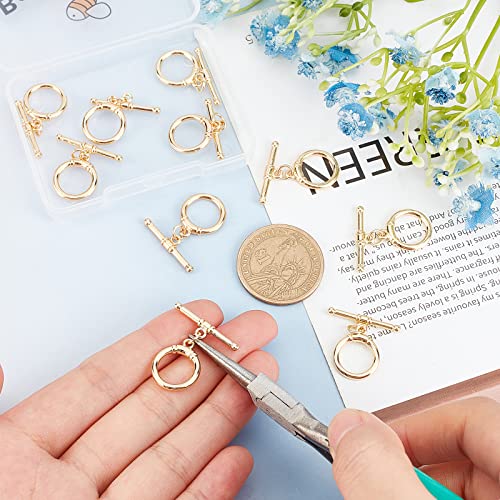 Beebeecraft 10 Sets 18K Gold Plated Toggle Jewelry Clasps Connectors Round Ring Toggle T Bar Clasps Sets for Necklace Bracelet Earring Making, 17x14mm - color: #3