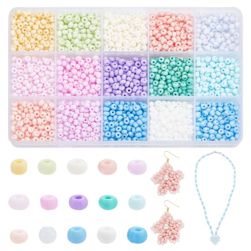 PH PandaHall 1500pcs Candy Color Seed Beads 15 Colors Glass Beads, 6/0 4mm Waist Beads Spacer Beads Tiny Glass Bead Kit for DIY Crafts Supplies Earrings Necklaces Bracelet Jewelry Making - color: 15 Candy Colors, size: 4~4.5 mm