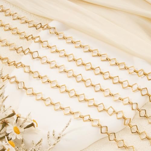 YOUBEIYEE 6.5 Feet Gold Plated Rhombic Link Chains Roll Strong Stainless Steel Chain for Jewelry Making - color: Rhombic Gold