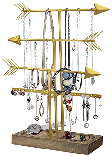 Urban Deco Arrow Jewelry Organizer Stand 4-Tier Gold Jewelry Stand Necklace Organizer With Wooden Ring Holder For Jewelry Display Bracelet Holder Stand Earring Organizer For Girls - Gold - color: Gold