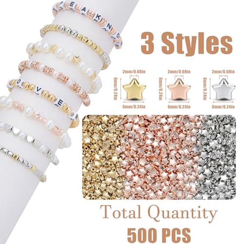 XIANNVXI 500Pcs Star Spacer Beads for Jewelry Making - Smooth Loose Beads for DIY Bracelets, Necklaces & Earrings (Gold, Silver, Rose Gold) - color: Star 3 colors
