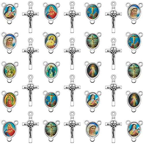 60Pcs/30Sets Rosary Making Kits Supplies Alloy Religion Cross and Center Medal Charms Pendant Oval Chandelier Links for Diy Prayer Necklace Jewelry - color: Antique Silver