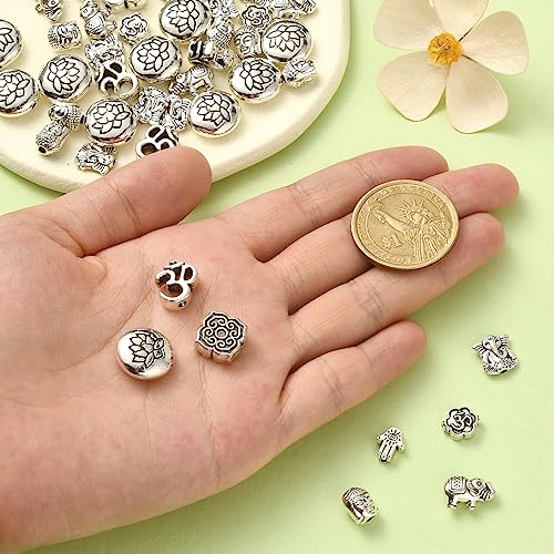 DanLingJewelry 80Pcs 8 Styles Tibetan Religious Beads Antique Silver Buddha Lotus Elephant Religious Spacer Beads for Jewelry Making Crafts - color: 80pcs - religious - 8 styles
