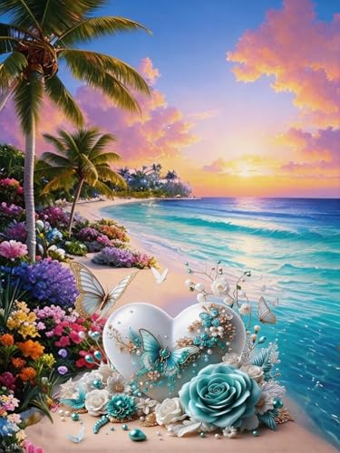 CHWGLFGG 5D Diamond Art Kits for Adults Beginners, Beach Heart and Flower Scenery Diamond Painting Kits, DIY Full Round Drill Paint by Diamonds Dot Gem Art for Adults, Home Wall Decor 12x16 Inch - color: KM957-1