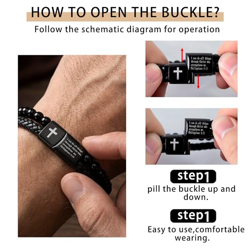 Mens Bracelet Fathers Gifts Day Black Braided Leather Stainless Steel Cross Jewelry Charming Bracelet Embedded with Black Agate Beads,Perfect for Wedding, Parties, and Everyday,Bible Verse Christian Religious Gift(7.5/8.5/9 Inch) - color: B+black+7.5