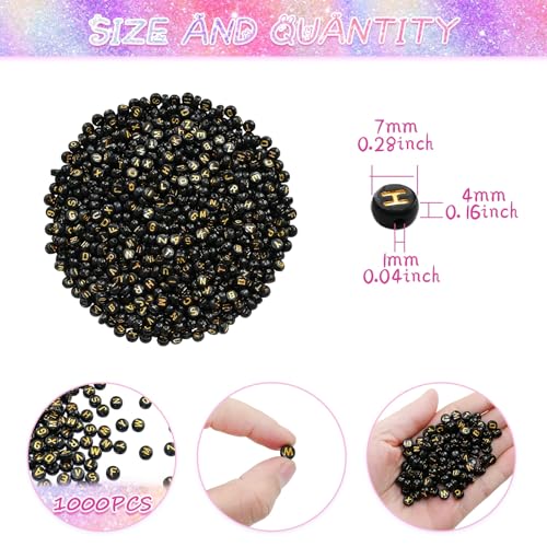 Amaney 1000pcs Gold Letter Beads 7x4mm Black Round Acrylic Alphabet Beads for Jewelry Making Bracelets Necklaces Key Chains - color: Black&Gold