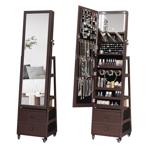 Rotating Standing Jewelry Cabinet with Lockable,Full Length Mirror with Storage Large Capacity Jewelry Organizer Armoire Floor Mirror with Back Storage Shelves for Bedroom Brown - color: Brown, size: 63*16+No LED Lights