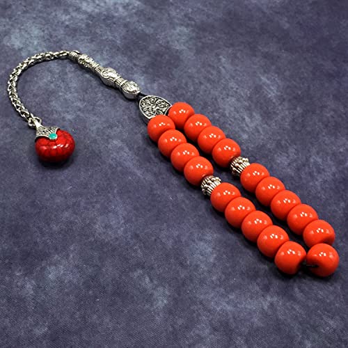 Simple Designed Natural Stone Worry Beads - Prayer Tesbih-Tasbih-Tasbeeh-Misbaha-Subha-Sebha-Sibha-Rosary (Candy Apple Red Resin Drum -13X9 mm- 19 Big Beads) - color: Candy Apple Red Resin Drum -13X9 mm- 19 Big Beads