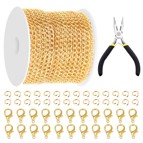 Glarks 102Pcs 30 Feet Jewelry Chains Set Gold Cable Link Chains Link Rolls Bulk Twisted Links Chain Necklace Jewelry Making Chains with Lobster Clasps and Jump Rings for Necklace Jewelry Making - color: Gold