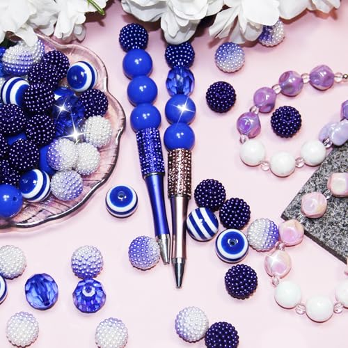 48 Pcs 20mm Beads for Pens Bubblegum Bead Blue Crystal Acrylic Round Chunky Beads Sparkly Large Balls Bead for Pen Beadable Keychain Bracelet Necklace DIY Jewelry Making Supplies - color: Blue Color