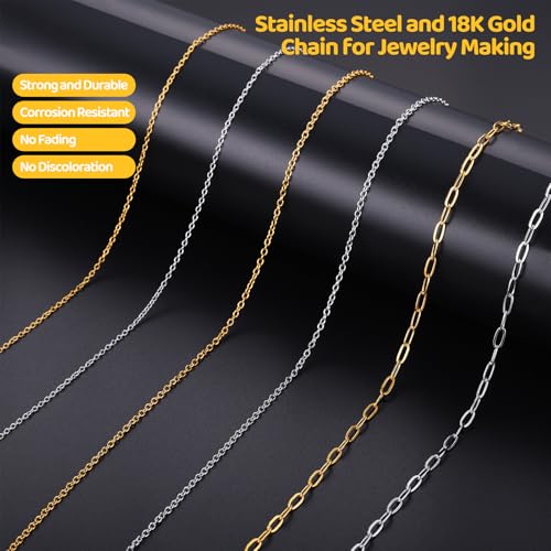 Zefy 18K Gold Silver Chain for Jewelry Making, 19.7ft 6 Rolls Stainless Steel Chains Bulk with 348 Pcs Charms, Jump Rings Lobster Clasps Set for DIY Bracelet Necklace Crafts - size: Medium