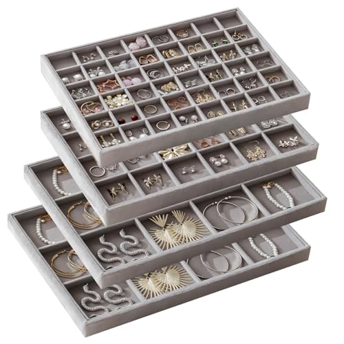 Large Jewelry Drawer Organizer Trays Set of 4, Stackable Velvet Jewelry Trays Organizer Holder Display Storage Showcase for Earring Necklace Bracelet Ring Accessary (Gray, 12+12+24+48 Grids) - color: Gray, size: 12+12+24+48 Grids