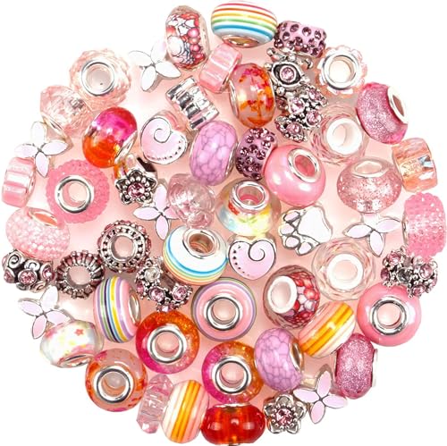 60 Pieces Assorted European Beads with Copper Core Big Hole Resin Spacer No Copper Core Lampwork Colorful Beads Rhinestone Craft Beads for DIY Charm Bracelet Jewelry Making (Rose red) - color: Rose red