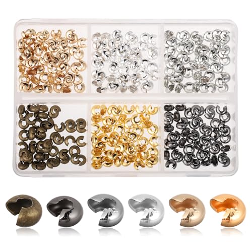 300 Pcs Crimp Beads for Jewelry Making, 4mm Multi-Color Alloy Crimp Bead Knot Covers, Semicircular Bead Crimps Tubes for DIY Bracelet Necklace Jewelry Supplies