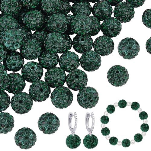PH PandaHall 100 Pcs 10mm Dark Green Rhinestone Beads Round, Polymer Crystal Beads for Necklace, Bracelet, Jewelry Making, Party Decoration - color: Dark Green