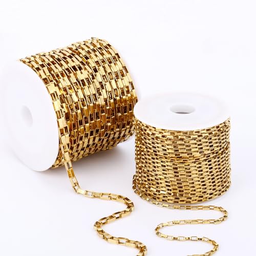 33 Feet 18K Gold PVD Plated Stainless Steel Box Chains Bulk, 2mm 304 Stainless Steel Chain Spool Square Link Box Chain Roll Bulk for Jewelry Making - color: 2MM Gold Square Box Chain