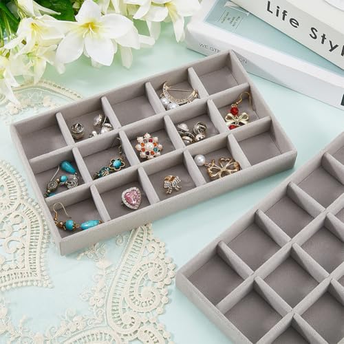 2Pcs 5 x 8.3 Inch Jewelry Drawer Inserts Velvet Jewelry Tray Gray 15 Grids Dresser Earring Drawer with Removable Divider Necklace Organizer Storage Container for Bracelet Ring Watch Display - style: Gray 15 Grids