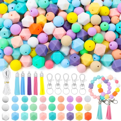 Vellibring 121 PCS Silicone Beads for Keychain Making Kit,12mm 15mm Round 14mm Polygonal Rubber Beads Candy Color Bulk Silicone Loose Beads for DIY Necklace Bracelet Jewelry Crafts Making Supplies - color: Color2