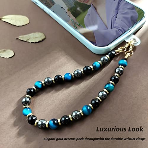 Marble Beaded Phone Wrist Strap,Detachable Phone Bracelet Strap with Tether Tab,Hands-Free Wristlet Strap (Blue Tiger’s Eye) - color: Blue Tiger’s Eye
