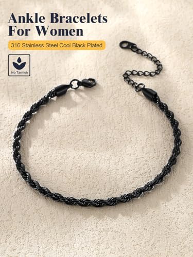 U7 Women Girls Barefoot Jewelry 18K Gold or Rose Gold Stainless Steel Heart/Rope/Figaro/Cuban Chain Anklet Foot Bracelet, 25-30 CM Long - color: Black-3mm-Rope Chain