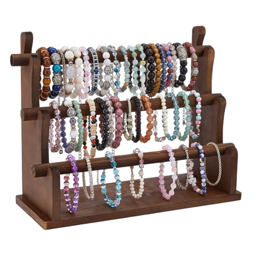 DICOSMETIC 3-Tier Wooden Bracelet Holder Jewelry Bracelet Display Stand 12.99x4.92x10.24 Inch Wood Scrunchie Organizer Portable Bangle Holder for Home Vendors Store - color: Coconut Brown