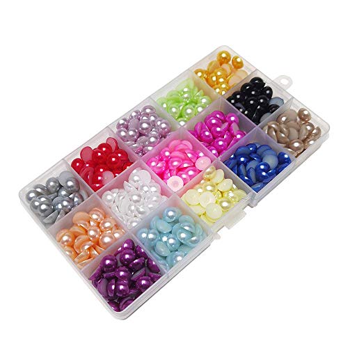 Chenkou Craft 600pcs 10mm Assorted 15 Colors Immitation Half Pearl Bead Flat Back Gem Scrapbook Craft DIY Beads + Plastic Box (10mm) - color: Mix, size: 10mm
