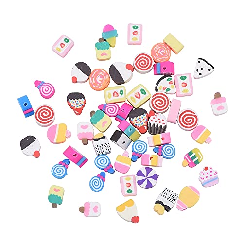 KitBeads 100pcs Polymer Clay Dessert Mixed Styles Candy Cake Lollipop Beads - Handmade Cute Sweet Food for Jewelry Making Bracelets Bulk