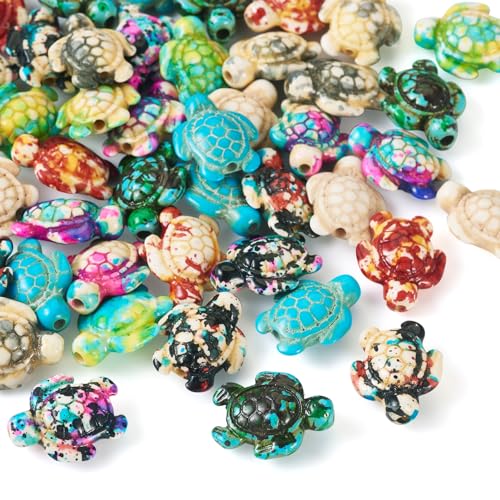 45Pcs Sea Turtle Beads Synthetic Turquoise Dyed Printed Tortoise Beads Ocean Animal Spacer Bead Turtle Carved Gemstone Beads for DIY Crafts Bracelet Necklace Earring Jewelry Making - color: Mixed Color-Turtle