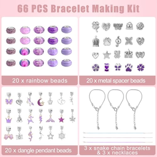 Emibele Girls Charm Beads Bracelet Making Kit with Portable Jewelry Box, Jewelry Making Kit for Kids Age 5 6 7 8-12, DIY Arts Crafts Toys for Teens Girls Gift Choices on Birthday Valentines Christmas - color: B-Purple