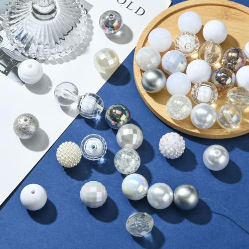 Ipotkitt 50 Pcs 20mm Acrylic Bubblegum Beads Round Spacer Loose Beads White Theme Disco Ball Chunky Rhinestone Beads for Pen Bag Chain Jewelry Making - color: 50pcs-White Bubblegum Beads-20mm