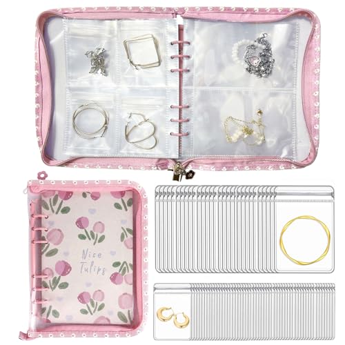 Jewelry Organizer Travel,Jewelry Storage Book with 45 Portable thick PVC pouches,Jewelry Organizer Zipper Bags for Necklaces Bracelet Rings and Earrings (front cover removable),Pink - color: Pink/45 PVC Pouches