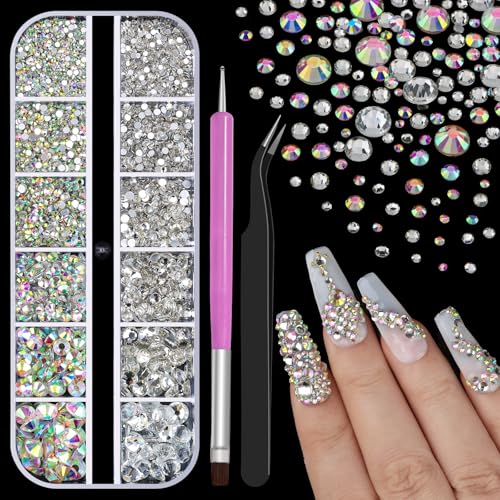 2500Pcs Clear AB Rhinestones for Bedazzling Kit, 1.5/2/2.5/3/4.5/6mm Mix Sizes Bedazzling Resin Gems Flatback Crystal Rhinestones with Pickup Tools for Manicure Crafts DIY (5-K1-glass-rhinestones) - color: 5-K1-glass-rhinestones