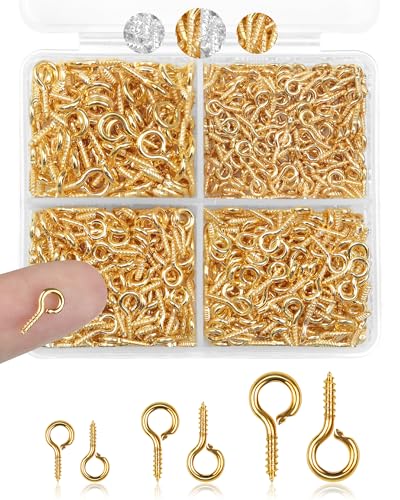 FIVEIZERO 600pcs Small Screw Pins for Jewelry Making & DIY Crafts, Mini Eyelet Screws for Art Projects & Bead Charms, Tiny Hooks & Eyes for Crafts (Gold & Silver, 3 Sizes) - color: Glod