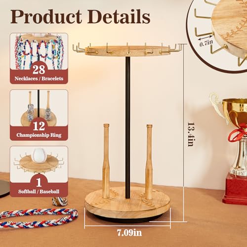 Pinzoveco Baseball Drip Necklace Organizer Holder,Rotating Baseball Display Stand with 14 Hooks, Championship Ring Display Holder, 360° Drip Necklace Championship Ring Holder Baseball Gifts,Brown - color: Brown
