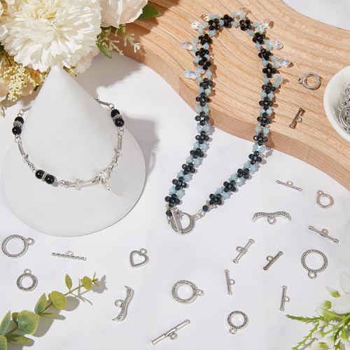 SUNNYCLUE 1 Box 12 Styles 72 Sets Ot Toggle Clasp Toggle Connectors Tibetan Style Alloy Metal Silver Moon Star Heart Flower Toggle Closure Bulk for Jewelry Making Friendship Bracelets Crafts Supplies - style: Style 3