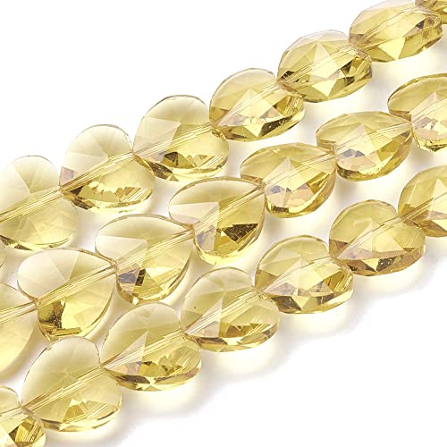 Cheriswelry 100pcs Crystal Glass Beads, 14mm Faceted Transparent Heart Shapes, Light Khaki, Vertical Hole, Loose Spacer Beads & Charms for DIY Jewelry Making - color: Light Khaki