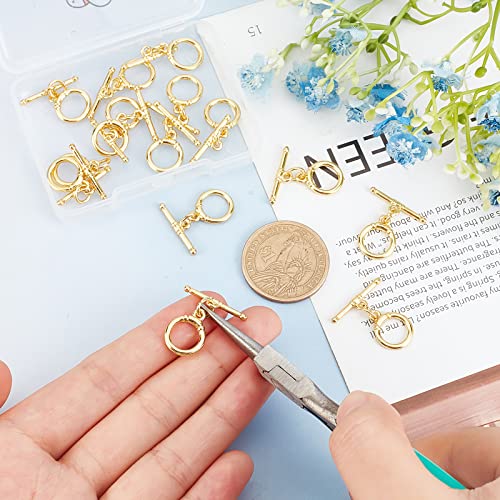 Beebeecraft 15 Sets 18K Gold Plated Toggle Jewelry Clasps Connectors Round Ring Toggle T Bar Clasps Sets for Necklace Bracelet Earring Making, 15x12mm - color: #2 15 sets