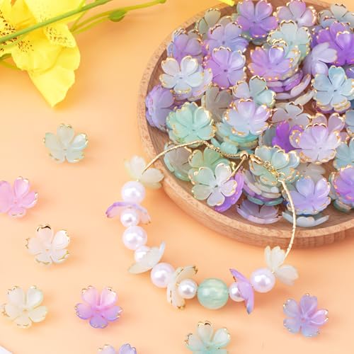 100pcs Cherry Blossom Beads, 5-Petal Gradient Acrylic Flower Beads, Mini Spacer Hair Accessories Halloween Christmas for Bracelets Earring Jewelry Making- Purple1 & Green - color: Purple1 & Green
