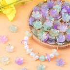 100pcs Cherry Blossom Beads, 5-Petal Gradient Acrylic Flower Beads, Mini Spacer Hair Accessories Halloween Christmas for Bracelets Earring Jewelry Making- Purple1 & Green - color: Purple1 & Green